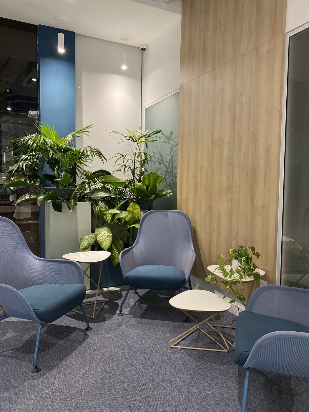 Lounge corporativo com poltronas e plantas